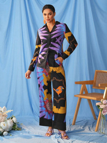 ISELACOS Women's Loose Fit Plant Printed Long Sleeve Shirt Suitable For Spring/Summer