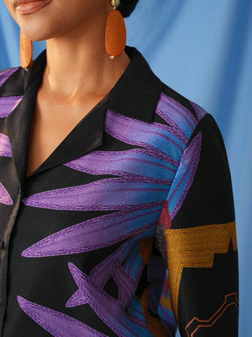 ISELACOS Women's Loose Fit Plant Printed Long Sleeve Shirt Suitable For Spring/Summer