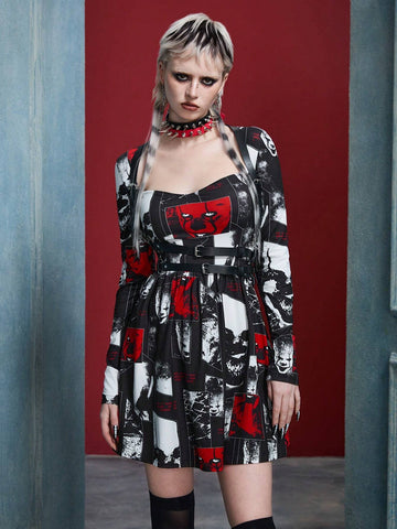 Winter Halloween Black Bodycon Long Sleeve Dress, Scary Clown Pattern, IT Pattern