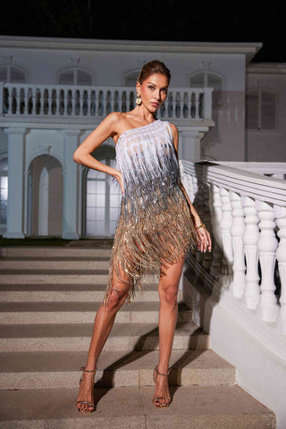 Imre One Shoulder Patchwork Fringe Sequin Dress