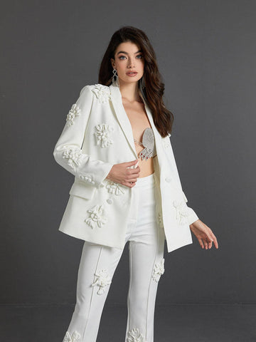 Indiana Floral Embellished Blazer Set In White