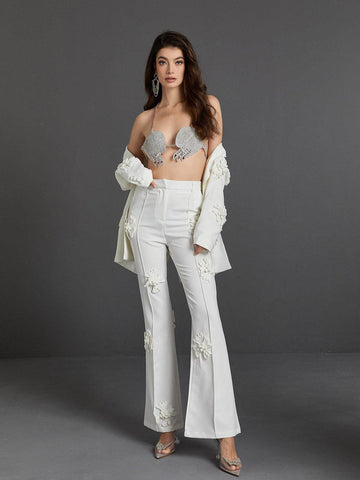 Indiana Floral Embellished Blazer Set In White