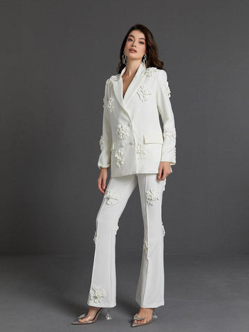 Indiana Floral Embellished Blazer Set In White