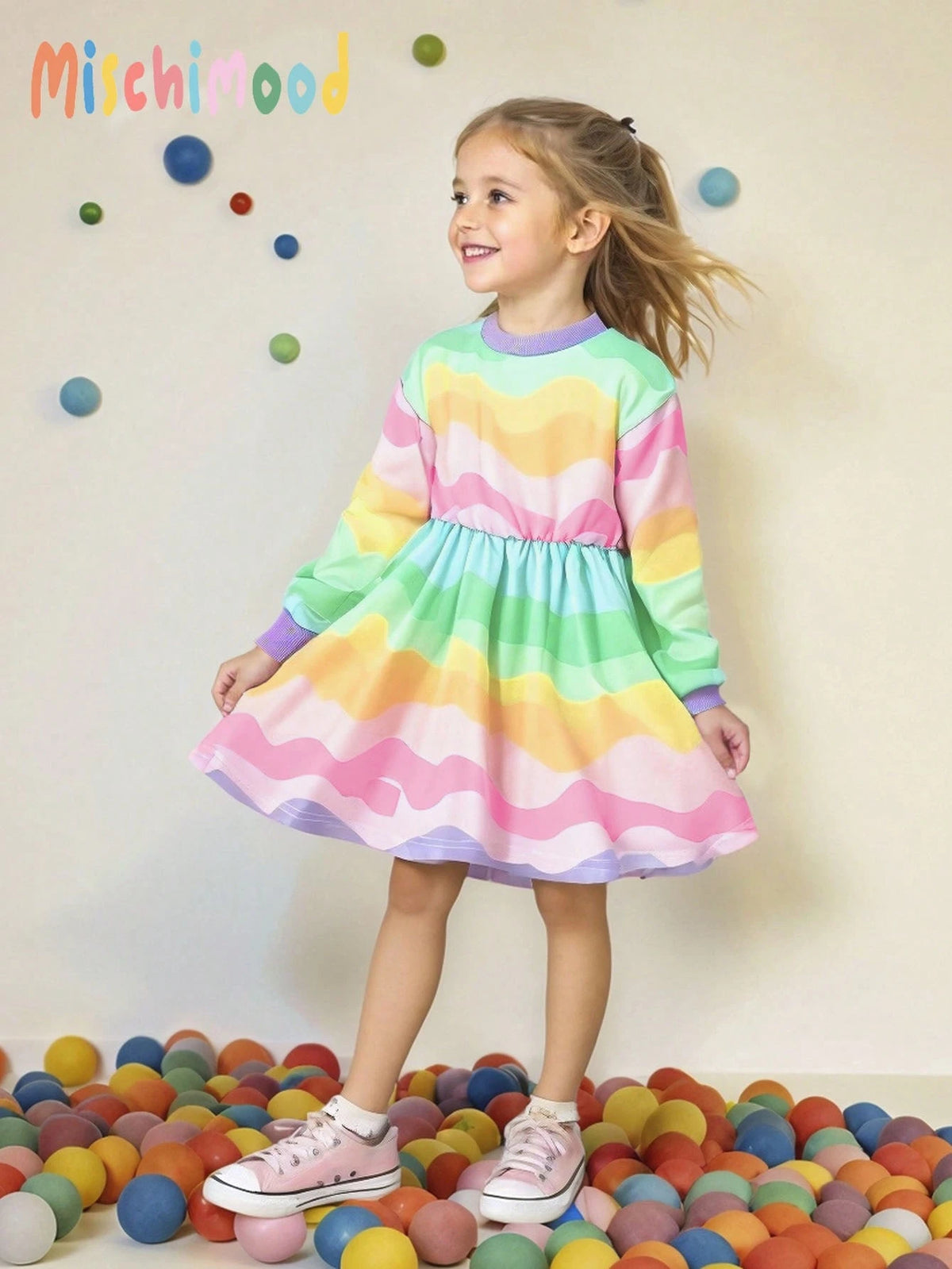 Infant & Toddler Girls' Cute Rainbow Striped Round Neck Long Sleeve Dress, Casual & Chic