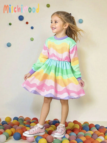 Infant & Toddler Girls' Cute Rainbow Striped Round Neck Long Sleeve Dress, Casual & Chic