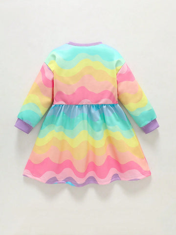 Infant & Toddler Girls' Cute Rainbow Striped Round Neck Long Sleeve Dress, Casual & Chic