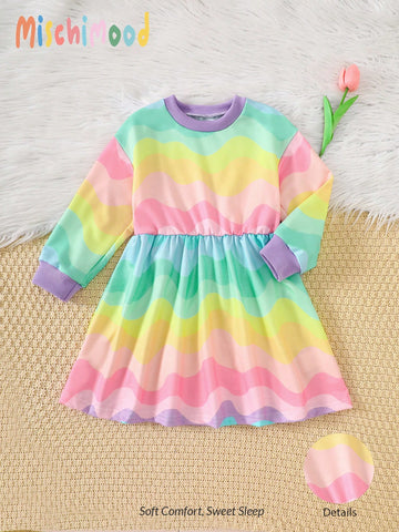 Infant & Toddler Girls' Cute Rainbow Striped Round Neck Long Sleeve Dress, Casual & Chic
