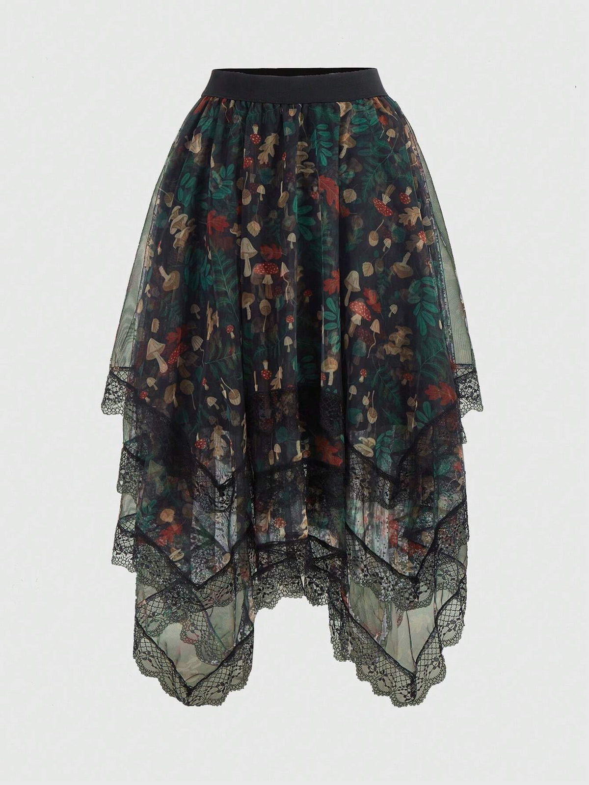 Inna Moreva Fairycore Mushroom Print Contrast Lace Asymmetrical Hem Mesh Skirt