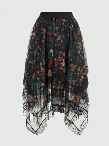 Inna Moreva Fairycore Mushroom Print Contrast Lace Asymmetrical Hem Mesh Skirt