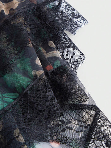 Inna Moreva Fairycore Mushroom Print Contrast Lace Asymmetrical Hem Mesh Skirt