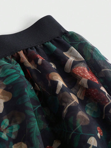 Inna Moreva Fairycore Mushroom Print Contrast Lace Asymmetrical Hem Mesh Skirt