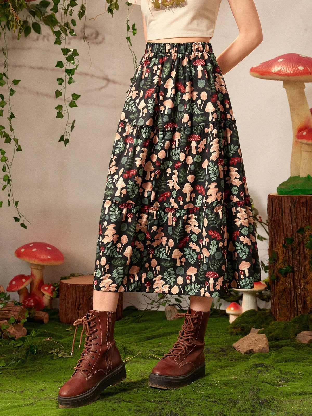 Inna Moreva Fairycore Mushroom Print Ruffle Hem Skirt