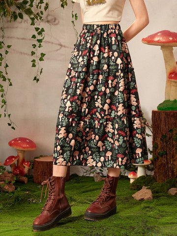 Inna Moreva Fairycore Mushroom Print Ruffle Hem Skirt