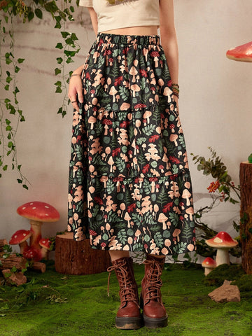 Inna Moreva Fairycore Mushroom Print Ruffle Hem Skirt