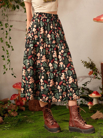 Inna Moreva Fairycore Mushroom Print Ruffle Hem Skirt