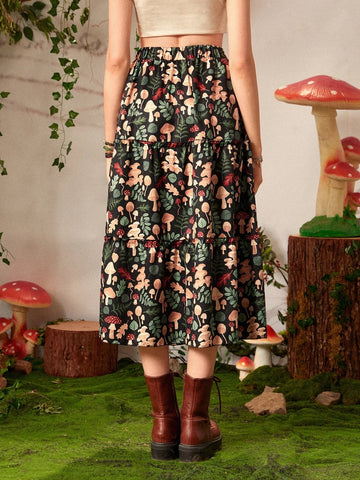 Inna Moreva Fairycore Mushroom Print Ruffle Hem Skirt