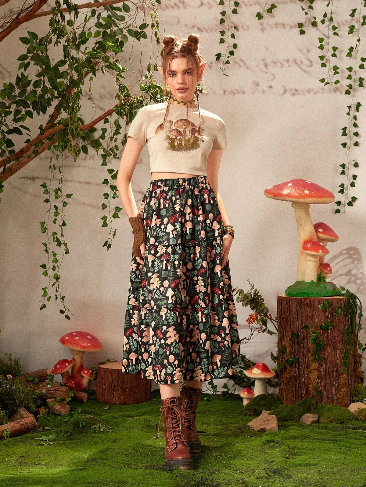 Inna Moreva Fairycore Mushroom Print Ruffle Hem Skirt