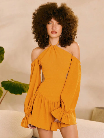 Irina Savchenko Solid Color Halter Neck Hollow Out Ruffle Hem Maxi Dress