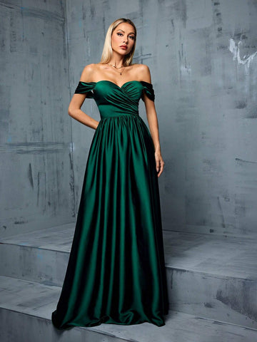 Irregular Crossed, Pleated Satin Bridesmaid Off Shoulder Dress