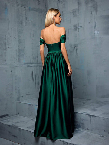 Irregular Crossed, Pleated Satin Bridesmaid Off Shoulder Dress