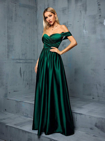 Irregular Crossed, Pleated Satin Bridesmaid Off Shoulder Dress
