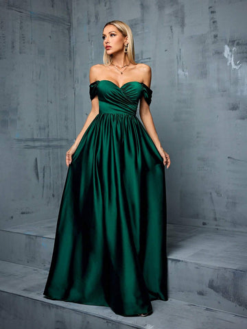 Irregular Crossed, Pleated Satin Bridesmaid Off Shoulder Dress