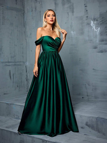 Irregular Crossed, Pleated Satin Bridesmaid Off Shoulder Dress