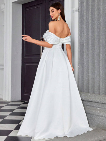 Irregular Crossed Pleated Wedding Satin Slit Long Skirt With Strapless Neckline