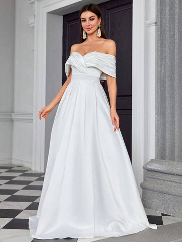 Irregular Crossed Pleated Wedding Satin Slit Long Skirt With Strapless Neckline