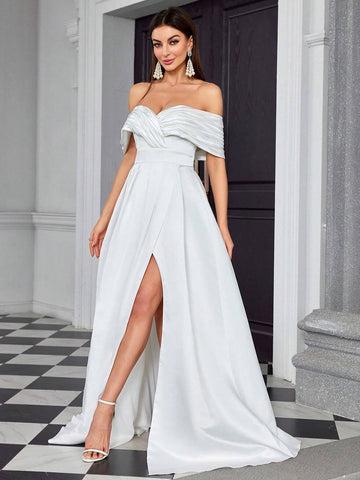 Irregular Crossed Pleated Wedding Satin Slit Long Skirt With Strapless Neckline