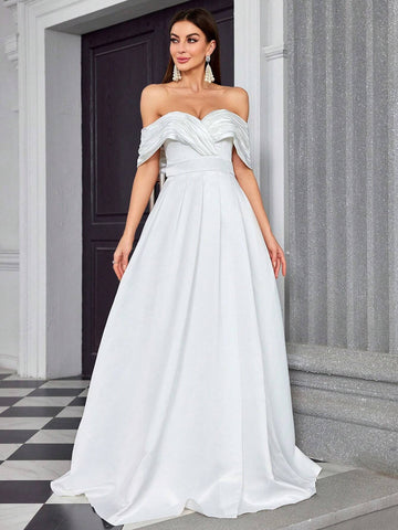 Irregular Crossed Pleated Wedding Satin Slit Long Skirt With Strapless Neckline