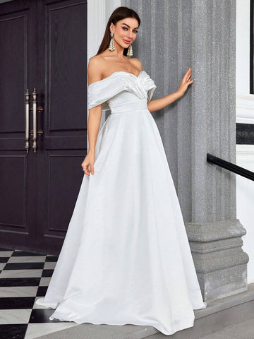 Irregular Crossed Pleated Wedding Satin Slit Long Skirt With Strapless Neckline