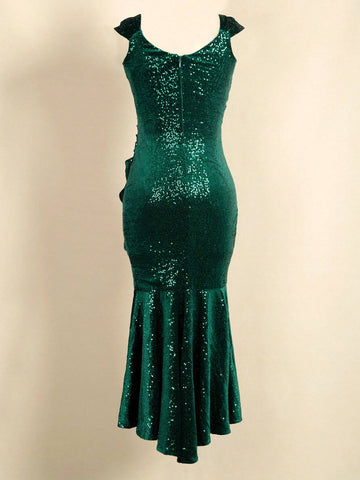 Irregular Hem Sequin Velvet Green V-Neck Bodycon Dress