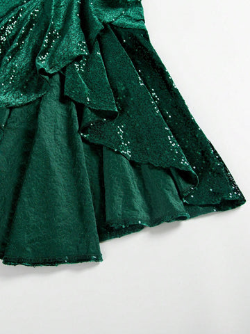 Irregular Hem Sequin Velvet Green V-Neck Bodycon Dress