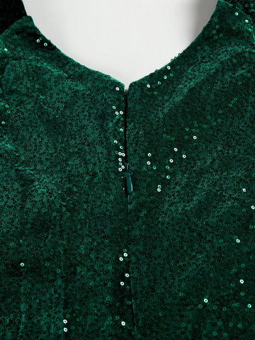 Irregular Hem Sequin Velvet Green V-Neck Bodycon Dress
