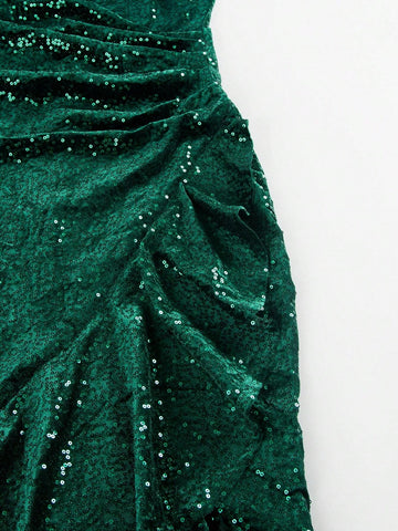 Irregular Hem Sequin Velvet Green V-Neck Bodycon Dress