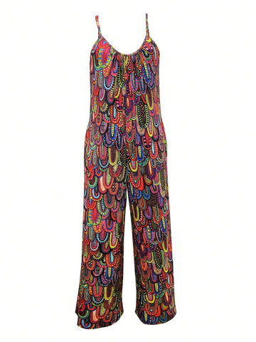 Irregular Printed Vacation Style Spaghetti Strap Jumpsuit For Spring And Summer