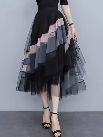Irregular Splicing Colored Mesh Tail Skirt For Spring And Summer