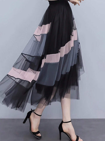 Irregular Splicing Colored Mesh Tail Skirt For Spring And Summer