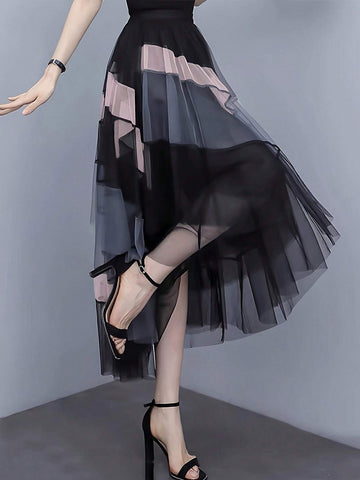 Irregular Splicing Colored Mesh Tail Skirt For Spring And Summer