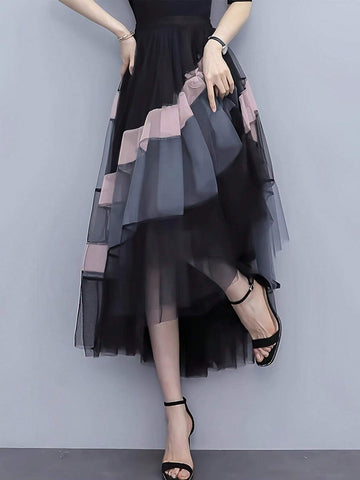 Irregular Splicing Colored Mesh Tail Skirt For Spring And Summer
