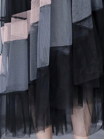 Irregular Splicing Colored Mesh Tail Skirt For Spring And Summer