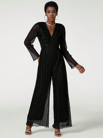 Crinkle Metallic Mesh Flare Jumpsuit With Draping Detail