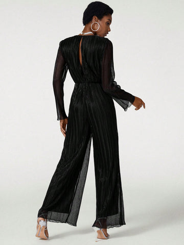 Crinkle Metallic Mesh Flare Jumpsuit With Draping Detail