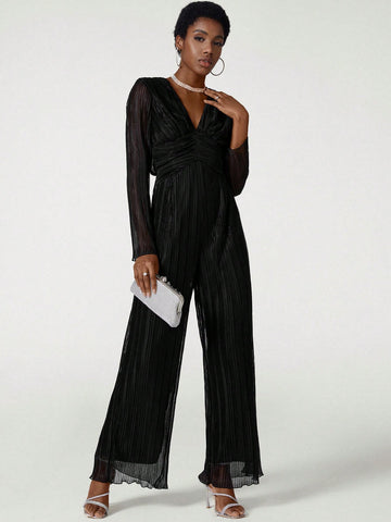 Crinkle Metallic Mesh Flare Jumpsuit With Draping Detail
