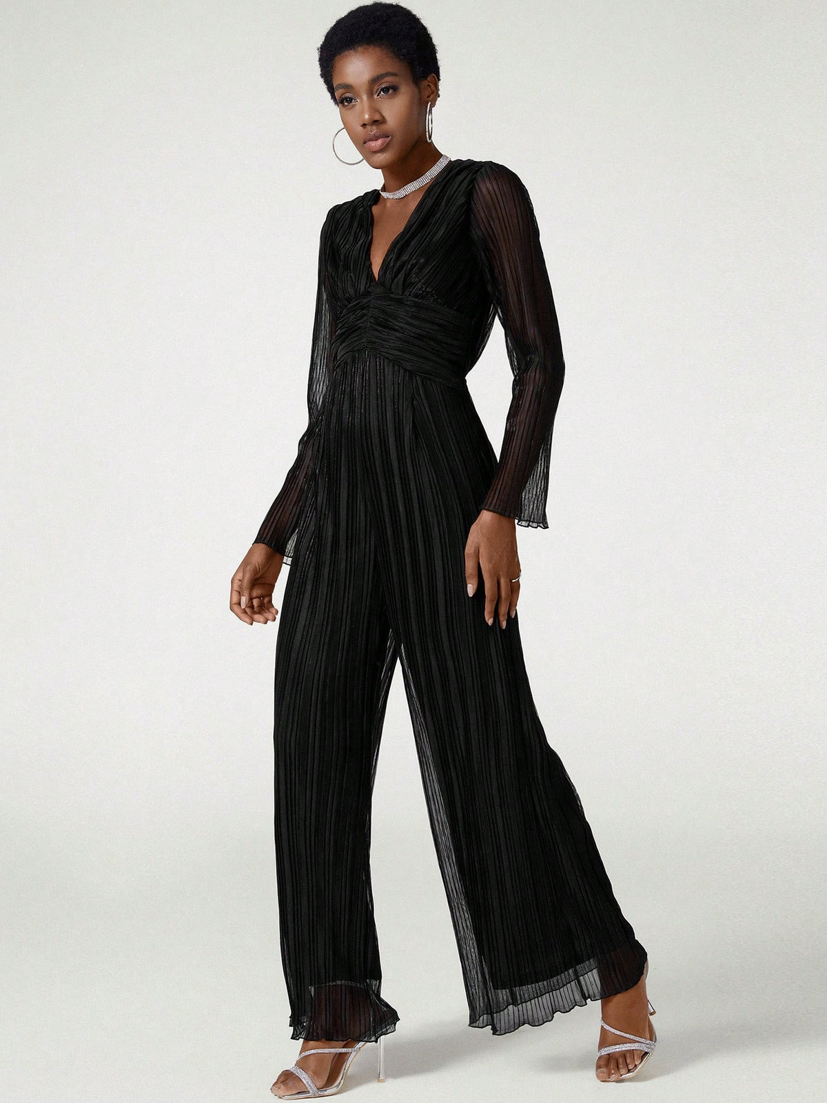 Crinkle Metallic Mesh Flare Jumpsuit With Draping Detail