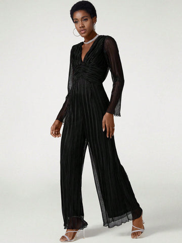 Crinkle Metallic Mesh Flare Jumpsuit With Draping Detail