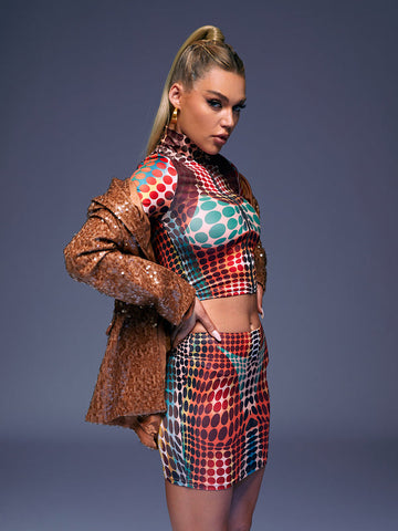 Ishi Long Sleeve Dot Skirt Set In Multi