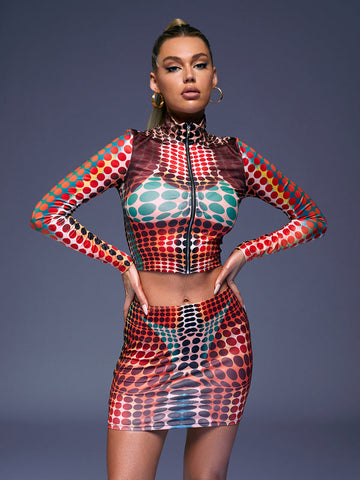 Ishi Long Sleeve Dot Skirt Set In Multi