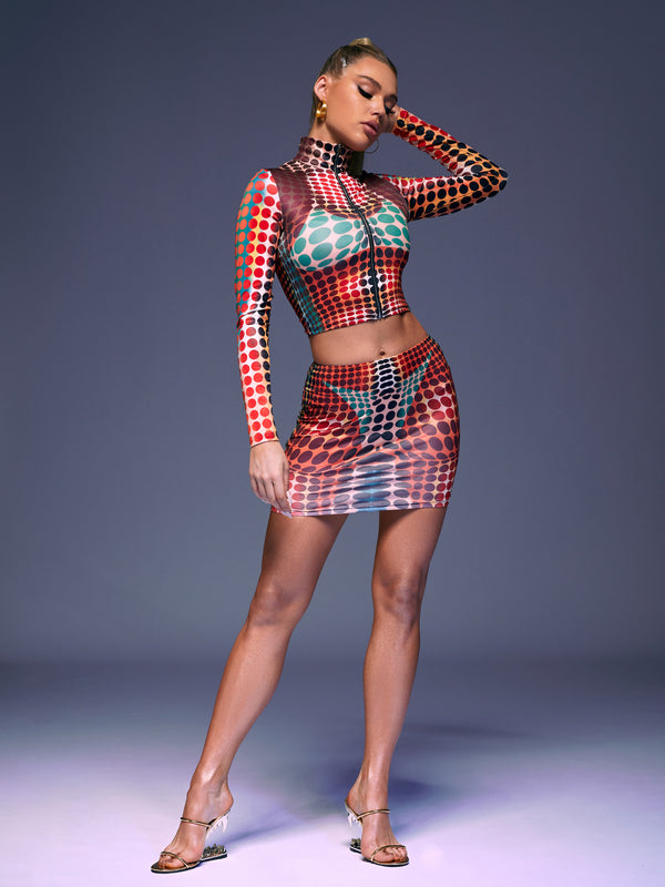 Ishi Long Sleeve Dot Skirt Set In Multi